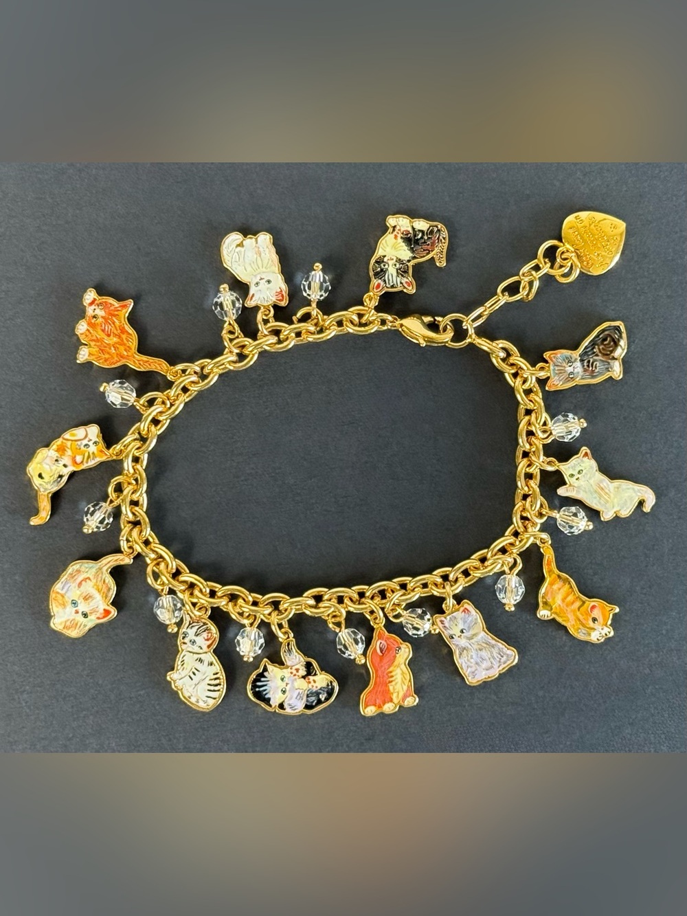 Vintage Cat Charm Bracelet Enamel Gold-Plated Swarovski Crystals Jürgen Scholz